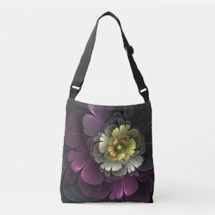 Abstrakt Modern Purpur Khaki Grå Fraktal Blomma Axelväska