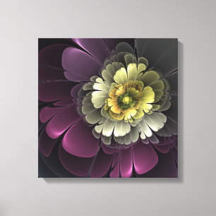 Abstrakt Modern Purpur Khaki Grå Fraktal Blomma Canvastryck