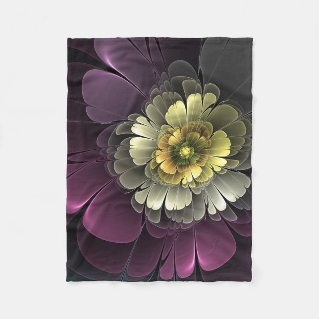 Abstrakt Modern Purpur Khaki Grå Fraktal Blomma Fleecefilt (Framsidan)
