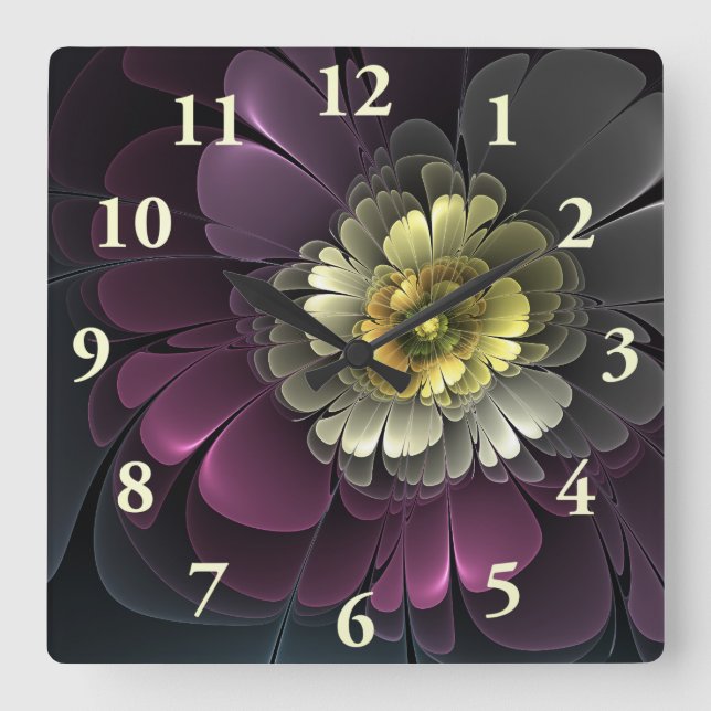 Abstrakt Modern Purpur Khaki Grå Fraktal Blomma Fyrkantig Klocka (Framsida)