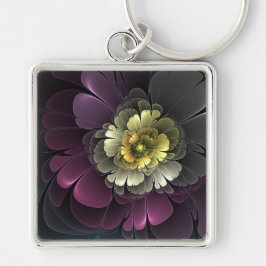 Abstrakt Modern Purpur Khaki Grå Fraktal Blomma Fyrkantig Silverfärgad Nyckelring