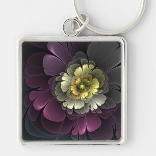 Abstrakt Modern Purpur Khaki Grå Fraktal Blomma Fyrkantig Silverfärgad Nyckelring