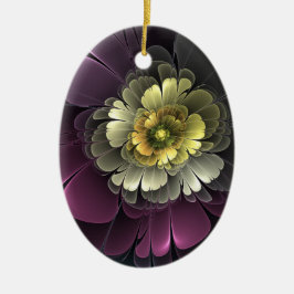 Abstrakt Modern Purpur Khaki Grå Fraktal Blomma Julgransprydnad Keramik