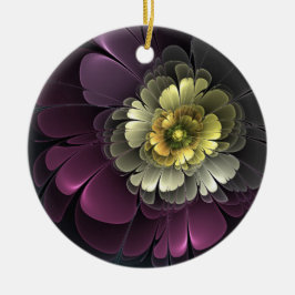 Abstrakt Modern Purpur Khaki Grå Fraktal Blomma Julgransprydnad Keramik