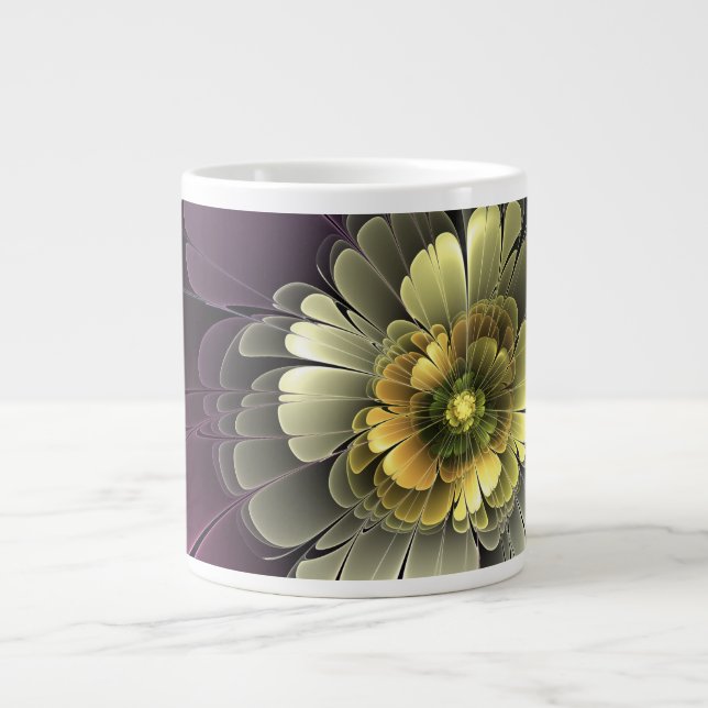 Abstrakt Modern Purpur Khaki Grå Fraktal Blomma Jumbo Mugg (Framsidan)