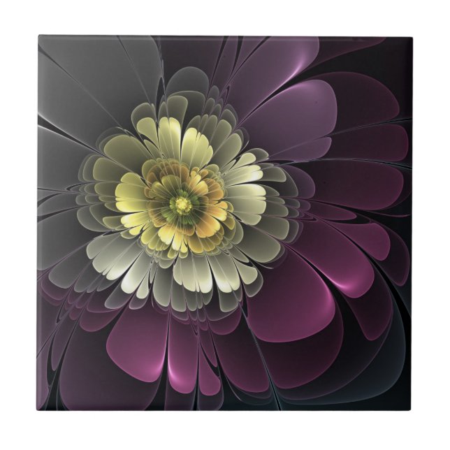 Abstrakt Modern Purpur Khaki Grå Fraktal Blomma Kakelplatta (Framsidan)
