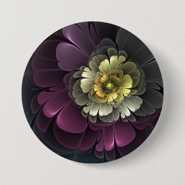Abstrakt Modern Purpur Khaki Grå Fraktal Blomma Knapp (Framsida)