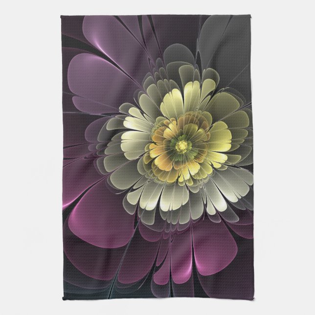Abstrakt Modern Purpur Khaki Grå Fraktal Blomma Kökshandduk (Vertikal)