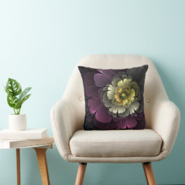 Abstrakt Modern Purpur Khaki Grå Fraktal Blomma Kudde