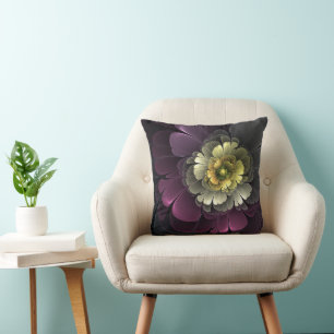 Abstrakt Modern Purpur Khaki Grå Fraktal Blomma Kudde
