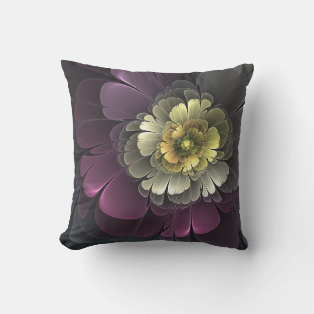 Abstrakt Modern Purpur Khaki Grå Fraktal Blomma Kudde (Framsida)