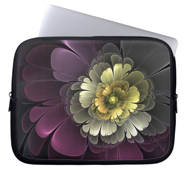 Abstrakt Modern Purpur Khaki Grå Fraktal Blomma Laptop Fodral (Framsidan)
