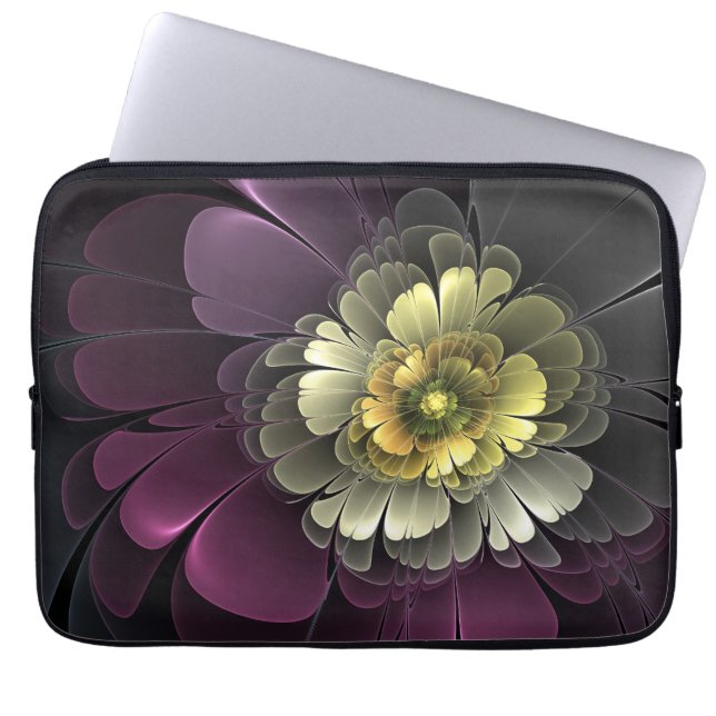 Abstrakt Modern Purpur Khaki Grå Fraktal Blomma Laptop Fodral (Framsidan)