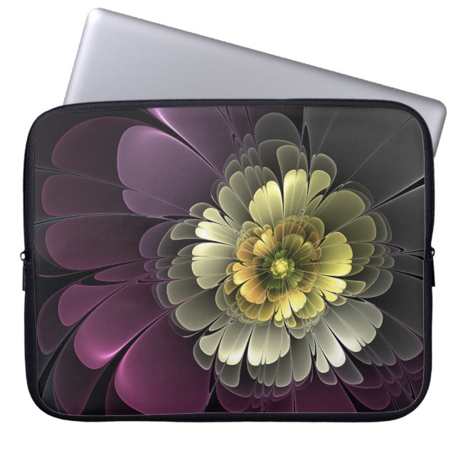 Abstrakt Modern Purpur Khaki Grå Fraktal Blomma Laptop Fodral (Framsidan)