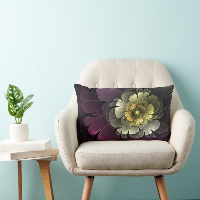 Abstrakt Modern Purpur Khaki Grå Fraktal Blomma Lumbarkudde (Stol)