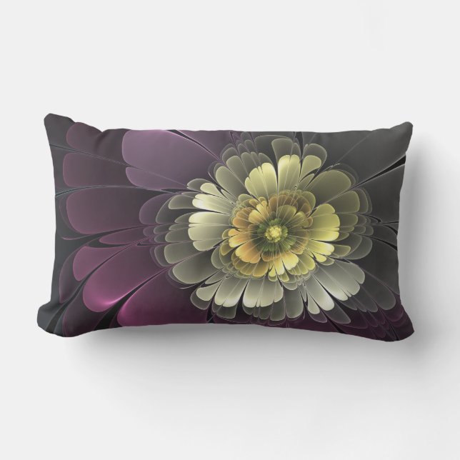 Abstrakt Modern Purpur Khaki Grå Fraktal Blomma Lumbarkudde (Framsida)