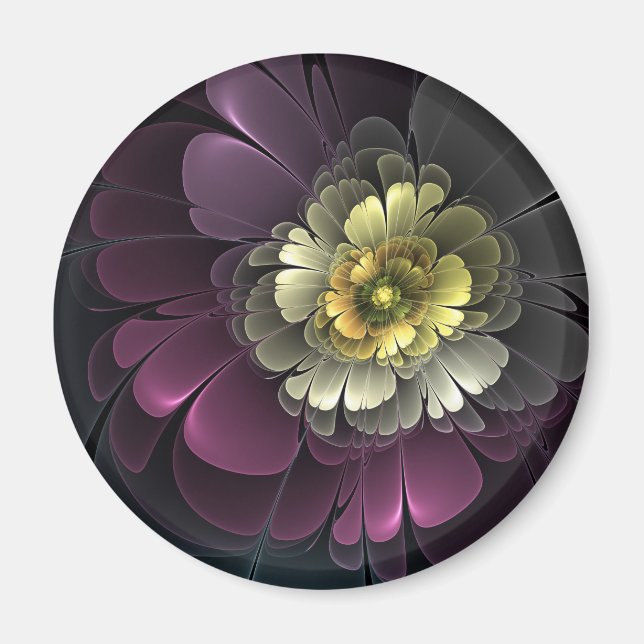 Abstrakt Modern Purpur Khaki Grå Fraktal Blomma Magnet (Framsidan)