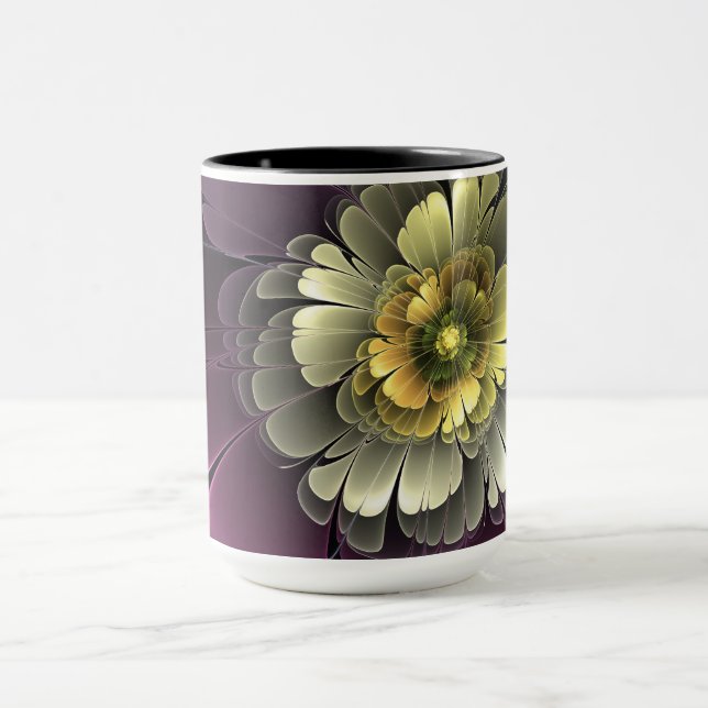 Abstrakt Modern Purpur Khaki Grå Fraktal Blomma Mugg (Center)