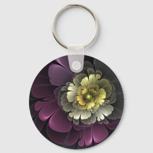 Abstrakt Modern Purpur Khaki Grå Fraktal Blomma Nyckelring