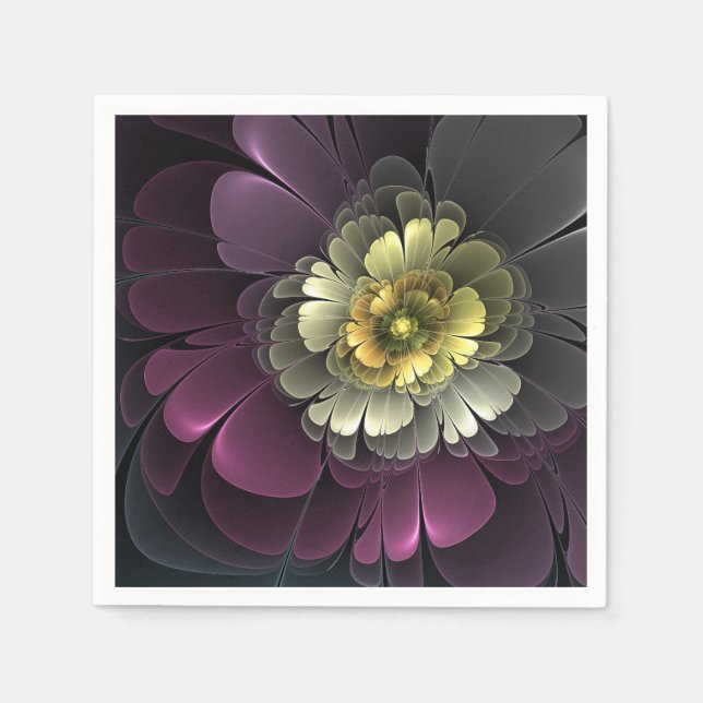 Abstrakt Modern Purpur Khaki Grå Fraktal Blomma Pappersservett (Framsidan)