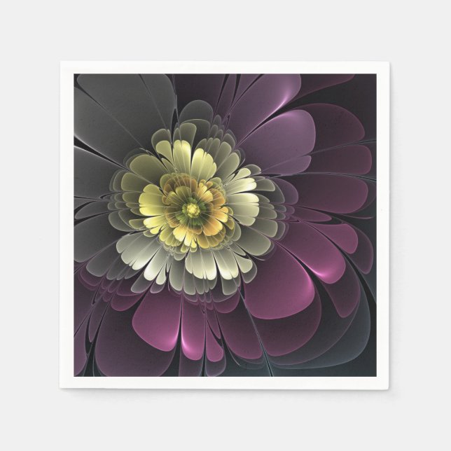 Abstrakt Modern Purpur Khaki Grå Fraktal Blomma Pappersservett (Framsidan)