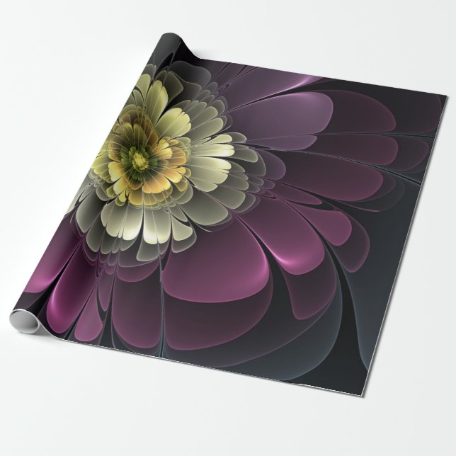 Abstrakt Modern Purpur Khaki Grå Fraktal Blomma Presentpapper (Utrullad)