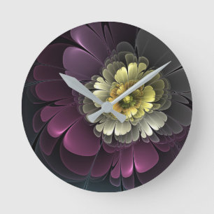 Abstrakt Modern Purpur Khaki Grå Fraktal Blomma Rund Klocka