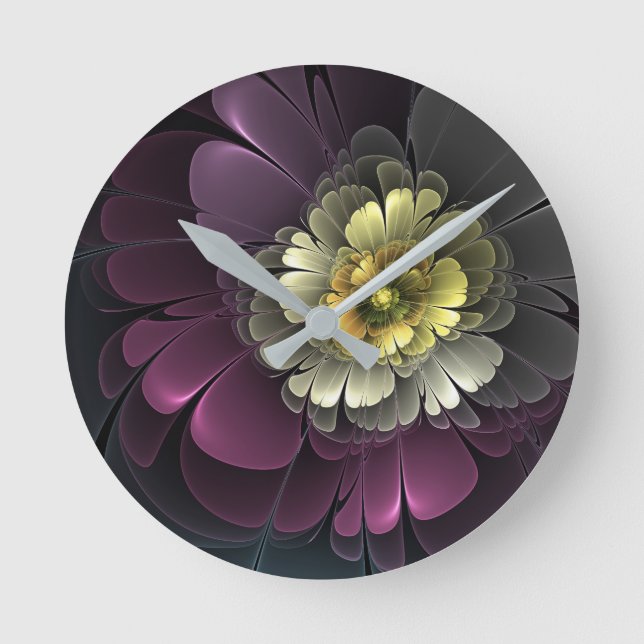 Abstrakt Modern Purpur Khaki Grå Fraktal Blomma Rund Klocka (Framsida)