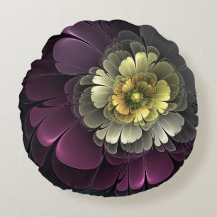 Abstrakt Modern Purpur Khaki Grå Fraktal Blomma Rund Kudde