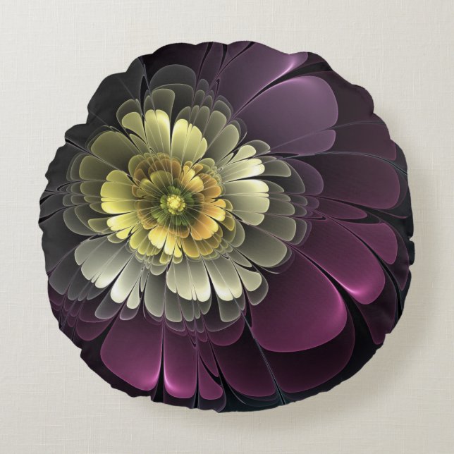 Abstrakt Modern Purpur Khaki Grå Fraktal Blomma Rund Kudde (Framsidan)