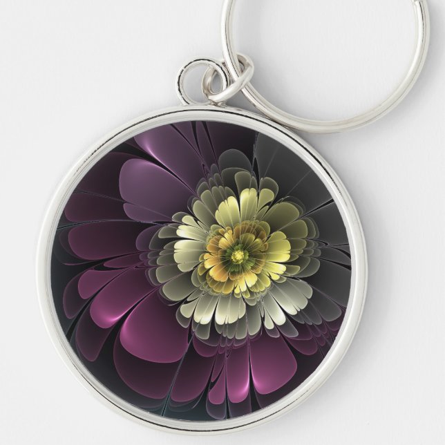 Abstrakt Modern Purpur Khaki Grå Fraktal Blomma Rund Silverfärgad Nyckelring (Framsidan)