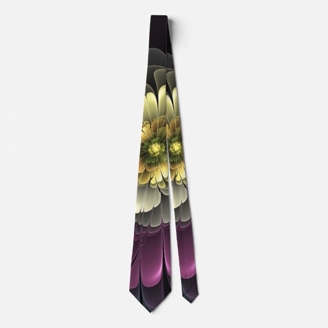 Abstrakt Modern Purpur Khaki Grå Fraktal Blomma Slips (Framsida)