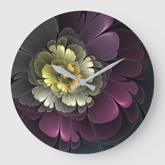 Abstrakt Modern Purpur Khaki Grå Fraktal Blomma Stor Klocka (Framsida)