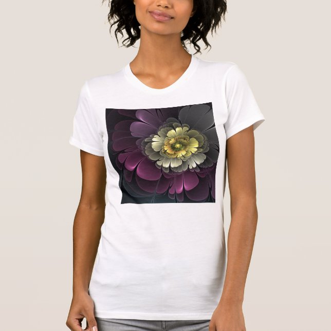 Abstrakt Modern Purpur Khaki Grå Fraktal Blomma T Shirt (Framsida)