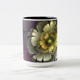 Abstrakt Modern Purpur Khaki Grå Fraktal Blomma Två-Tonad Mugg