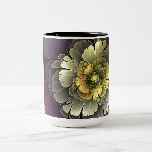 Abstrakt Modern Purpur Khaki Grå Fraktal Blomma Två-Tonad Mugg (Center)