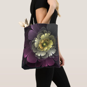 Abstrakt Modern Purpur Khaki Grå Fraktal Blomma Tygkasse