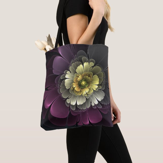 Abstrakt Modern Purpur Khaki Grå Fraktal Blomma Tygkasse (Närbild)