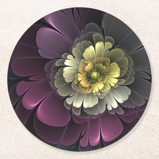 Abstrakt Modern Purpur Khaki Grå Fraktal Blomma Underlägg Papper Rund (Framsidan)