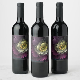 Abstrakt Modern Purpur Khaki Grå Fraktal Blomma Vinflaska Etikett