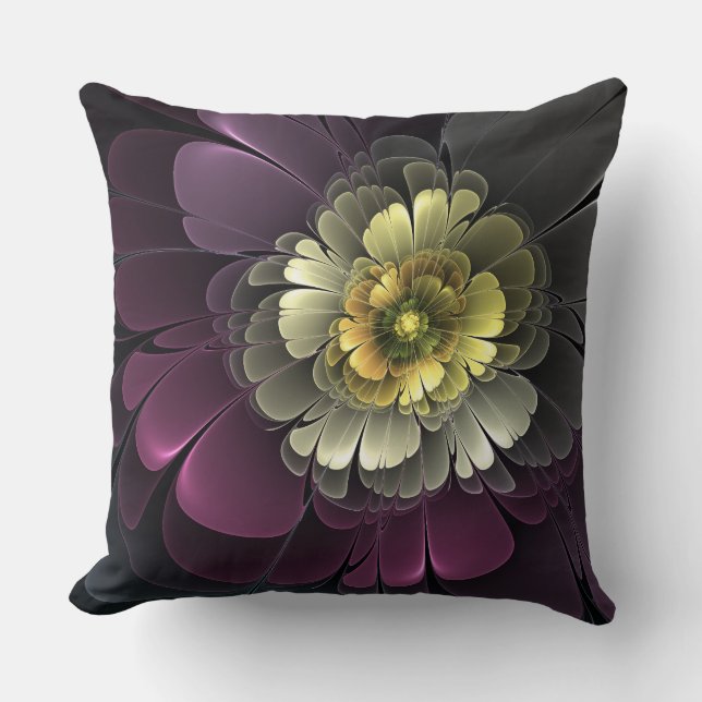 Abstrakt Modern Purpur Khaki Grått Fractal Flower Kudde (Framsida)