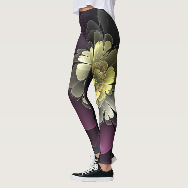 Abstrakt Modern Purpur Khaki Grått Fractal Flower Leggings (Vänster)