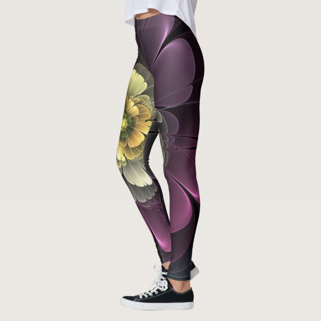 Abstrakt Modern Purpur Khaki Grått Fractal Flower Leggings (Vänster)