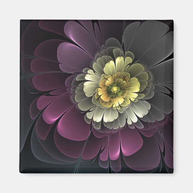 Abstrakt Modern Purpur Khaki Grått Fractal Flower Magnet (Framsidan)