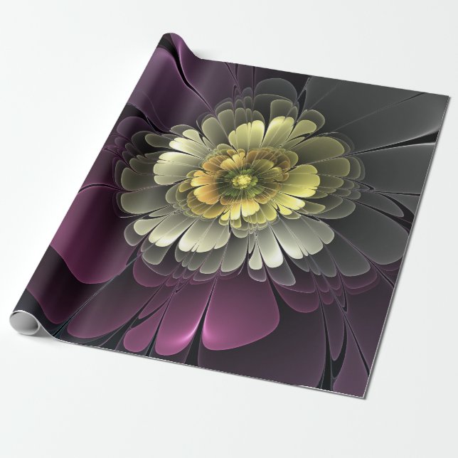 Abstrakt Modern Purpur Khaki Grått Fractal Flower Presentpapper (Utrullad)
