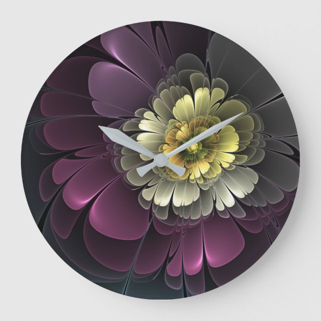 Abstrakt Modern Purpur Khaki Grått Fractal Flower Stor Klocka (Framsida)