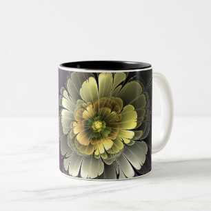 Abstrakt Modern Purpur Khaki Grått Fractal Flower Två-Tonad Mugg