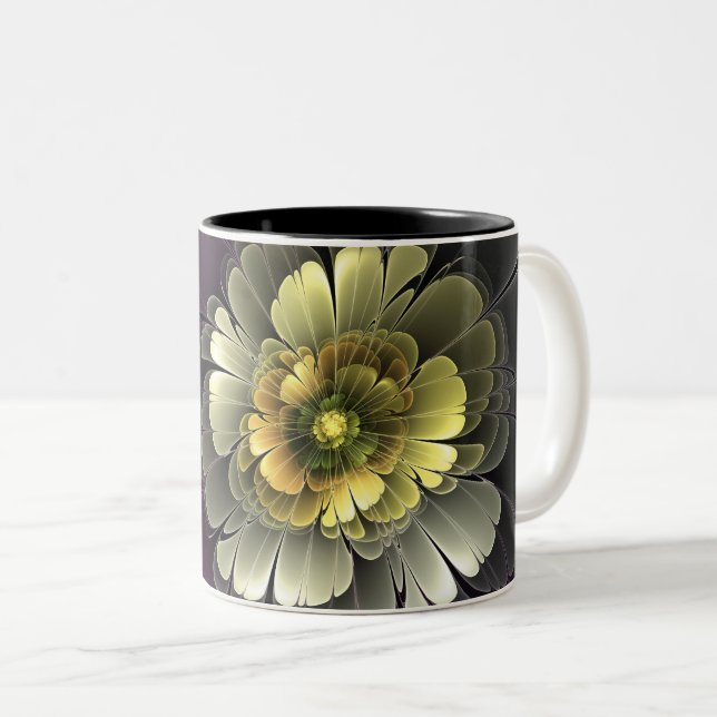 Abstrakt Modern Purpur Khaki Grått Fractal Flower Två-Tonad Mugg (Framsida höger)