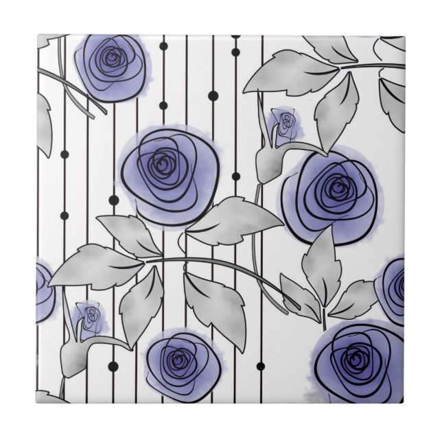 Abstrakt modern ro blommor violett grått vit kakelplatta (Framsidan)