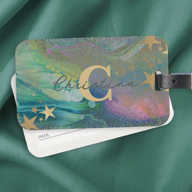 Abstrakt Modern Starry Glitter Liquid Namn Initial Bagagebricka (Skapare uppladdad)